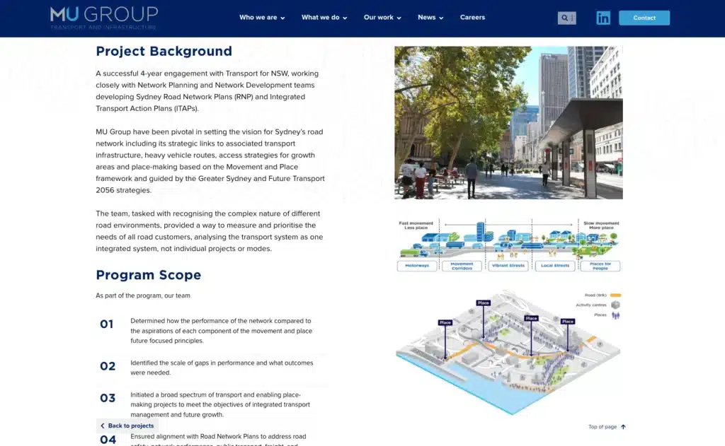 A project background and program scope overview for MU Group, featuring text, a street photo, and urban road network diagrams—perfect for a case study website or as project showcases on an impactful website design.